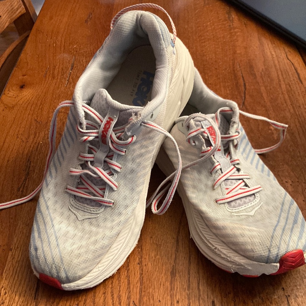 Hoka Women's Sneakers in Light Gray with Red Accents